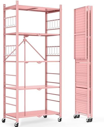 Himix 5-Tier Folding Storage Shelves with 20 Hooks Wheels Home Pink by Himix