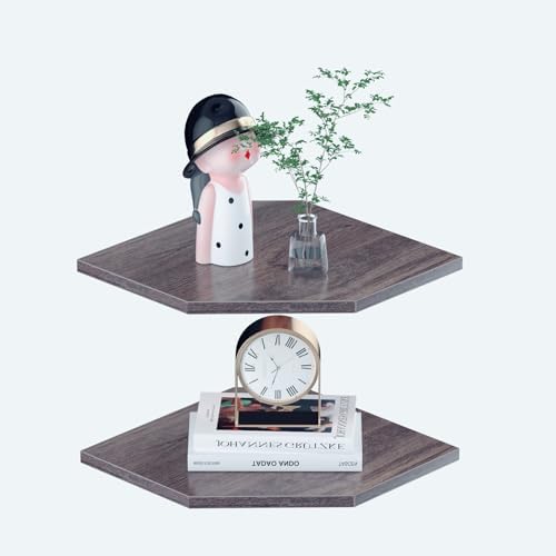 JJL Corner Shelf, 12 Inch Corner Shelf Wall Mounted with Wire Hole, 2 Tier 13.3 Inch Deep Wooden Corner Hanging Shelves for Wall Storage, for Speaker, Cable Box, Grey - Image 5