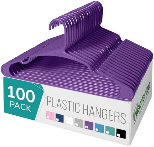 NEATERIZE Clothes Hangers Plastic 100 Pack for Adults - Plastic Hangers, The Perfect Coat Hanger and Space Saving Clothes Hangers for Closet - Purple Hangers by Neaterize