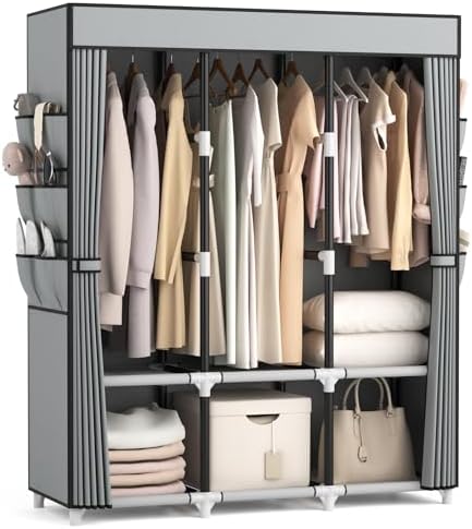 VTRIN Portable Closet Wardrobe for Hanging Clothes Closet with Cover, 3 Hanging rods, 6 Storage Shelves and Side Pocket, Diameter 19mm Metal Pipe, Sturdy Free Standing Closet for Bedroom by VTRIN