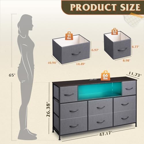 WLIVE LED Dresser TV Stand for 55 Inch TV, 8 Fabric Drawers, Grey Dresser - Image 3