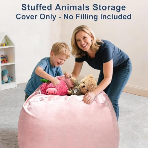 Lukeight Stuffed Animal Storage Bean Bag Chair Cover for Adults, Velvet Plush Toy Organizer Seat, Cover Only, No Filling Included, Long YKK Zipper, Side Pocket, XXX-Large 42"D x 23"H - Image 4