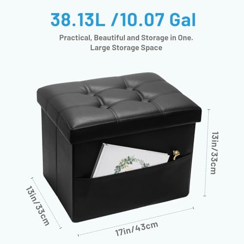 Bsketa Storage Ottoman Bench,17 Inch Folding Leather Foot Rest Stool, Black - Image 3