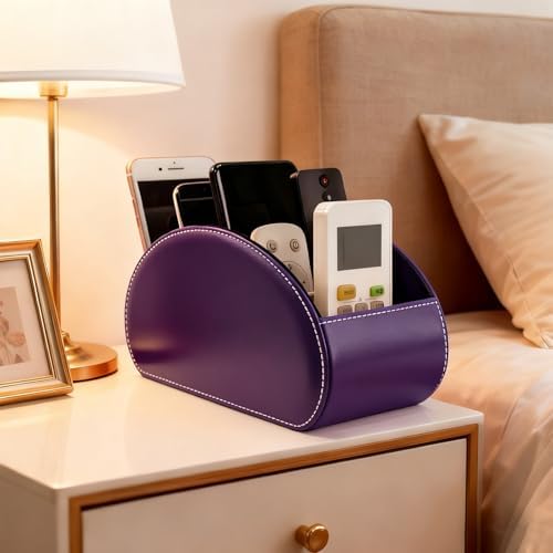 Remote Control Holders Organizer Box with 5 Compartment PU Leather Multi-functional Office Desk Storage Caddy Store Tv Remote for Media Player,Brush,Pencil,Glassees&Office Supplies (Dark Purple) - Image 4
