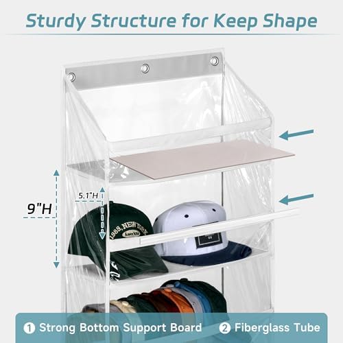 AOODA Clear Over the Door Hat Racks for Baseball Caps, Large Holds up to 72 Caps Hat Storage Organizer for Closet Wall, Deep Pockets Hanging Snapback Holder Shelves with 3 Hooks, White - Image 3