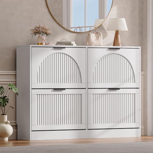 Fluted Shoe Storage Cabinet for Entryway, 4 Flip Drawers, White by BOXACTION