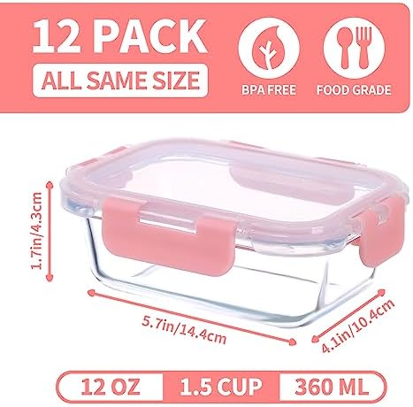 GULFLIN 12 Pack, 12oz Small Glass Food Storage Containers, Pink Set - Image 2
