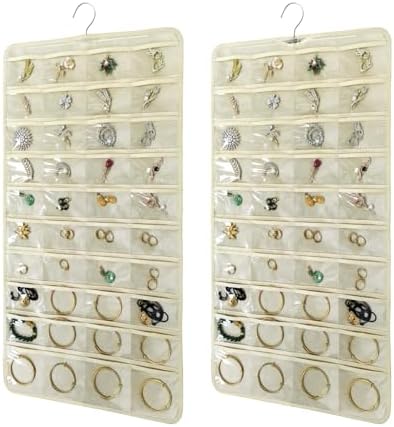 2 PACK(Total 160 Pockets) Hanging Jewelry Organizer with Hanger Metal Hooks Storage On Wall Door Closet Double-Sided(Each Side 40 Pockets) Jewelry Holder for Earrings, Necklaces, Rings (2 Pcs Beige) by Unknown