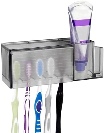 Linkidea 5 Slots Wall Mount Toothbrush Holder with Cover for Bathroom, Plastic Storage Organizer for Toothpaste, Gargle Cup, Compatible with Oral-B Cross Action, Colgate Renewal (Gray) by Linkidea