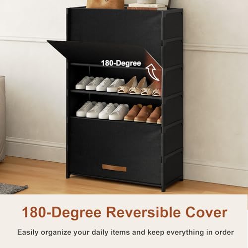 7 Tier Shoe Cabinet with Door, 28-Pair Storage, Black - Image 6