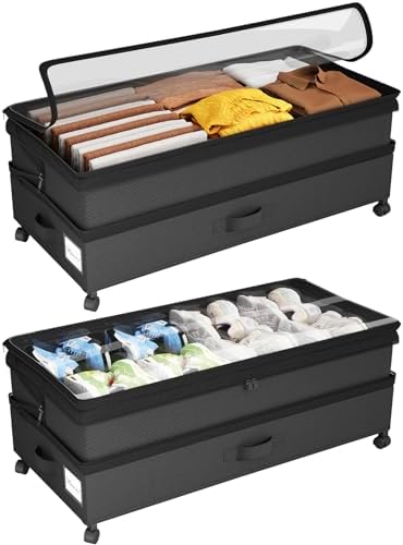Kitstorack 2Pack Height-adjustable Under Bed Storage with Wheels, Under Bed Storage Containers,Under Bed Shoe Storage Organizer with Clear Window&Label, Suitable for Clothes Storage, Black by Kitstorack