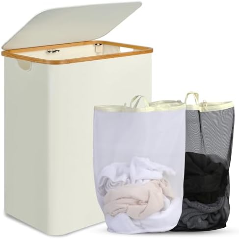 efluky Double Laundry Hamper with Lid and Removable Bags, 160L Beige by efluky