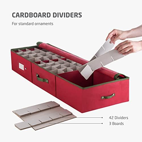 ZOBER Underbed Christmas Ornament Storage Box - Stores 120 3" Ornaments, With Dividers - Tear Proof 600D Oxford Fabric, Ornament Organizer Storage Box, Durable Christmas Containers Holder - Red - Image 4