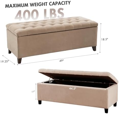 Madison Park 49" Upholstered Storage Bench, Button Tufted End of Bed Bench with Storage, Dual Spring Soft-Close Lid, Bedroom Bench for Queen King Bed, Entryway Living Room, Sand - Image 3