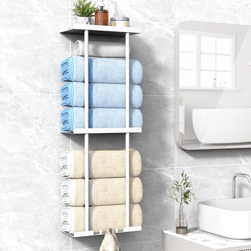 Liuoud Towel Rack for Bathroom, Wall Mounted Vertical Rolled Towel Storage Organizer Holder with Shelf, Holds Up 6 Large Bath Sheets, White Large Size by Liuoud