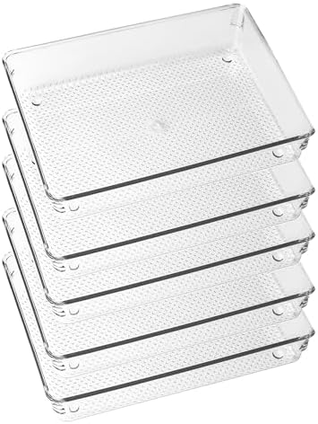 5 Pack Clear Plastic Drawer Organizer Tray Cutlery Utensil Makeups Drawer Silverware Organizers 6" X 9" by ihomecooker