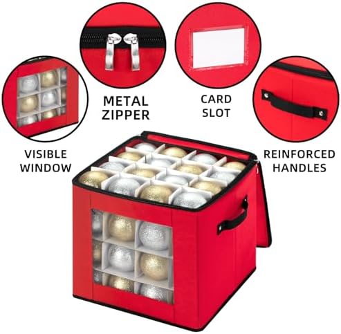 Christmas Visible Ornament Storage Box with Adjustable Dividers,Christmas Ornaments Organizer with Zipper, Storage Container Bin for Decorations(64 Ball, Red, without Tray) - Image 5