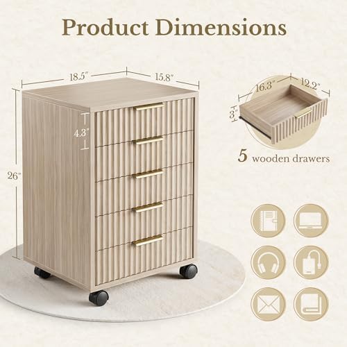 5 Drawer Chest, Under Desk Storage Wood Drawers with Wheels, Fluted File Cabinet for Home Office, Light Oak - Image 2