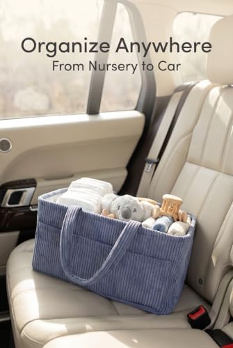 Diaper Caddy Organizer, Premium Blue Indigo Corduroy Nursery Storage Basket with Removable Dividers & Handles, Portable Organizer for Diapers, Essentials, Baby Registry & Shower Gift - Image 6
