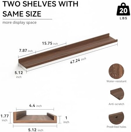 Boswillon Floating Shelves Set of 2, Long Wall Shelf with Lip, 48in, Walnut - Image 3