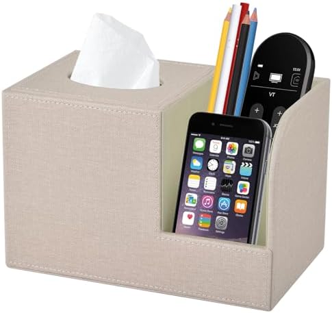 PU Leather Square Tissue Box Cover,Multifunctional Tissue Box Holder,Tissue Box with Storage,Tissue and Remote Control Holder,Tissue Box Decorative Desk Organizer for Home&Office,Beige by XNONE