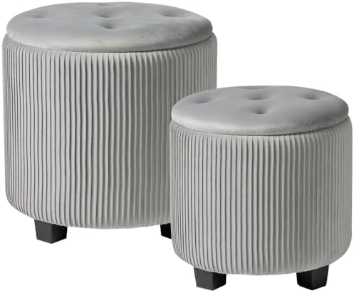 BLEXA Tufted Ottoman Set of 2 Large Round Velvet Storage Ottoman Gra by OUSADOU