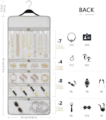 SMRITI Hanging Jewelry Organizer with Dual Zippered Pockets Canvas Double Sided Rotating Hanger Necklace Hanging Wall Organizer Earring Dustproof Holder Wall Mount Accessories Display Bag(Light Grey) - Image 3