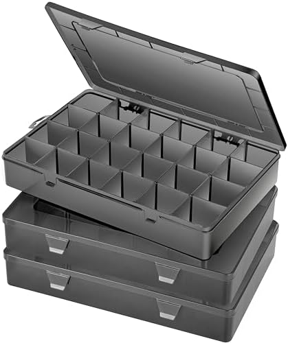 Gbivbe Large 24 Grids Plastic Organizer Box Adjustable Dividers,Clear Storage Box for Jewelry, Art DIY Crafts, Washi Tapes, Beads and Small Parts(Black,3Pack) by Gbivbe