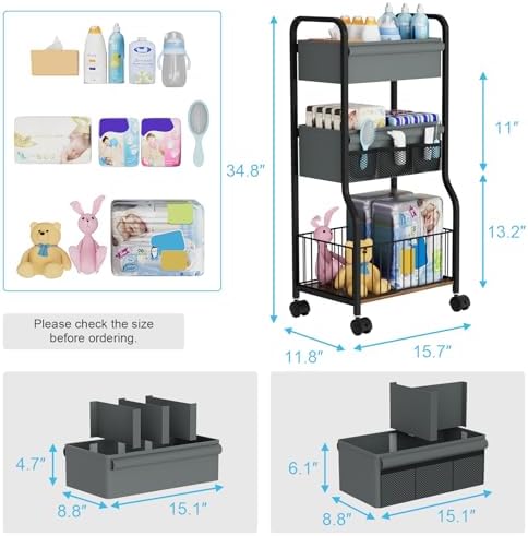 3-tier Baby Diaper Caddy Organizer and Storage Cart with 4+3 Dividers, Metal Utility Cart with Lockable Wheels for Nursery, Bedroom, Bathroom, Black - Image 2