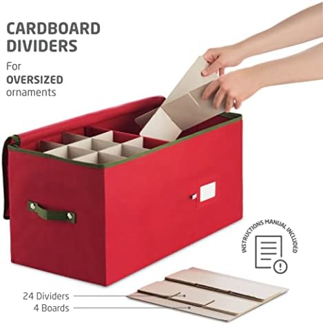 ZOBER Large Christmas Ornament Storage Box - Stores 54 4" Large Ornaments, With Dividers - Ornament Organizer Storage Box, Durable Christmas Containers Holder, Dual Zipper - Red - Image 3