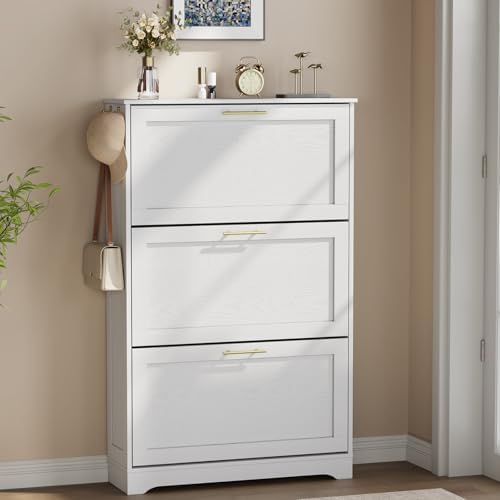 Modern Luxury Shoe Cabinet Organizer with 3 Flip Drawers,31.5" W，White by Draelibor