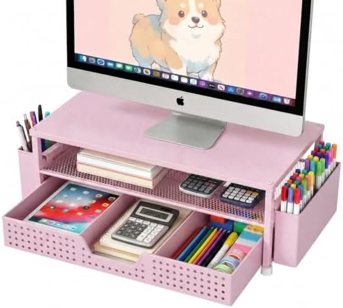 ECOLOVI Desk Organizer and Accessories, 2-Tier Computer Monitor Stand Rise with Storage Drawer & 2 Pen Holders, Laptop & Printer Stand for Desktop, Workspace Organizers for Office Supplies (Pink) by ECOLOVI