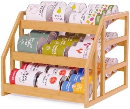 HOMESTEAD Bamboo Can Organizer for Pantry - 3 Tier Rack with Adjustable Dividers, Gravity Feed Canned Goods Organizer, 36 Cans Soda Storage by Homestead