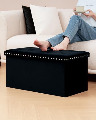 B FSOBEIIALEO Storage Ottoman Bench, 30" Velvet Ottoman with Storage, Black - Image 2