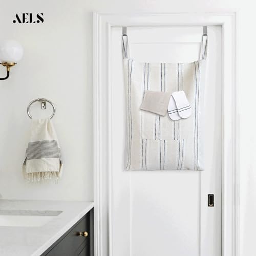 AELS Farmhouse Hanging Laundry Hamper with 2 Hooks, Boho Beige & Blue Stripes Laundry Bag with Zipper & Wide Open Top, Over the Door Organizer for Dirty Clothes, Washable Space Saving Storage - Image 6