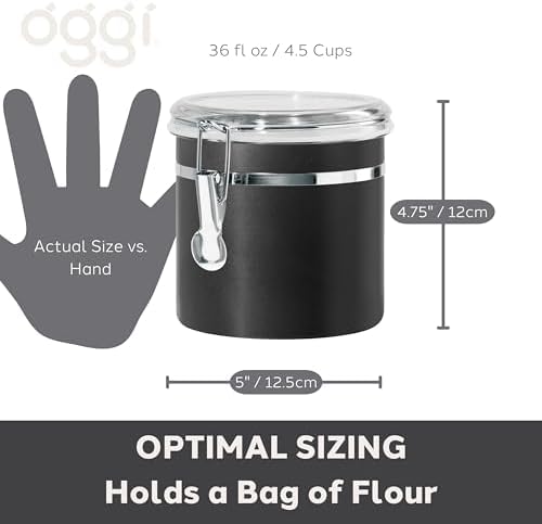 Oggi Stainless Steel Kitchen Canister 36 fl oz, Black - Airtight Clamp Lid, Clear See-Thru Top - Ideal for Kitchen Storage, Food Storage, Pantry Storage. Size 5" x 4.75". - Image 5