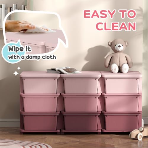 Qaba 9 Drawers Kids Storage Unit 3 Tier Toy Organizers Pink - Image 5