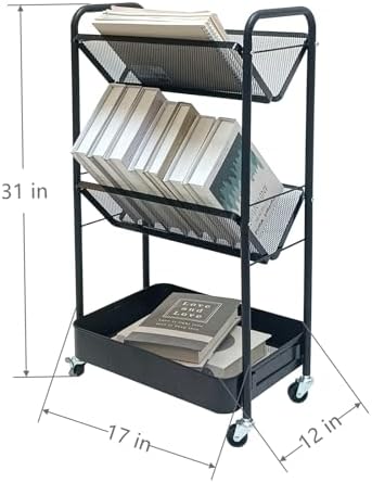 Small 3-Tier Metal Rolling Bookshelf Cart-Standing File Rack,Black - Image 3