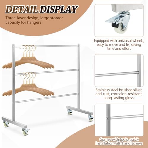 DoubleFill 3 Tier Hanger Organizer Stacker Clothes Hanger Holder Hold up 200 Wire Hangers, Stainless Steel Rack Stand Mobile Rack for Laundry Rooms Malls Boutiques 30" W x 15" D x 32 ½"h - Image 3