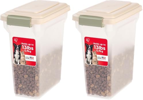 IRIS USA WeatherPro Airtight Dog Food Storage Container, Up to 13 lbs, for Dog Cat Bird and Other Pet Food Storage Bin, Pet Supplies, Keep Fresh, BPA Free, Clear/Almond (Pack of 2) by IRISUSA
