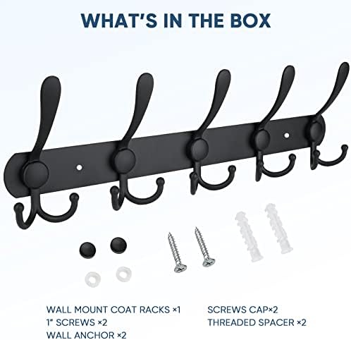 TICONN Wall Mounted Coat Rack, Five Heavy Duty Tri Hooks All Metal Construction for Jacket Coat Hat in Mudroom Entryway (Matte Black, 1-Pack) - Image 5