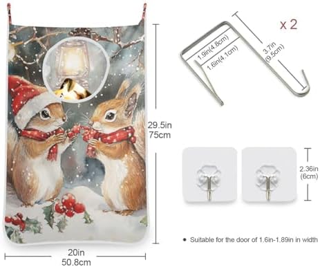 Christmas Squirrels Watercolor White Door Hanging Laundry Hamper Bag with Free Adjustable Stainless Steel Hooks Dirty Clothes Hamper Extra Large Over the Door Laundry Hamper 29.5X20inch 1 PCS - Image 3