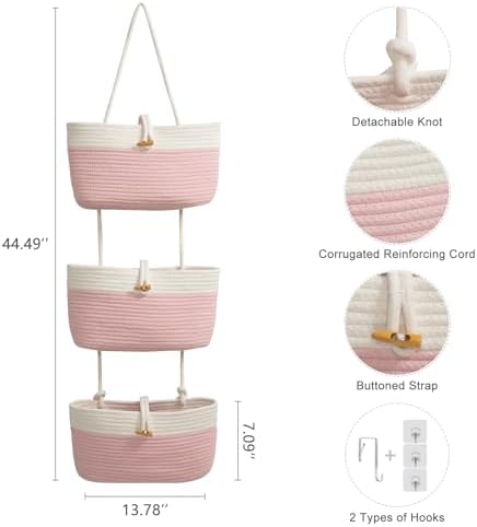 TeoKJ Over The Door Hanging Baskets with Button Strap, 3-Tier Woven Cotton Storage Organizer Bag, Wall-Mounted with Hook Decorative Hanging Nursery Baskets - Pink+White - Image 2