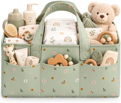 PeraBella Baby Diaper Caddy Organizer, Floral Baby Basket Shower Gift, Nursery Organizer Basket Newborn Boy & Girl Essential Items, Changing Table Organizer Caddy for Baby Stuff, Car Caddy- Sage Green by PeraBella