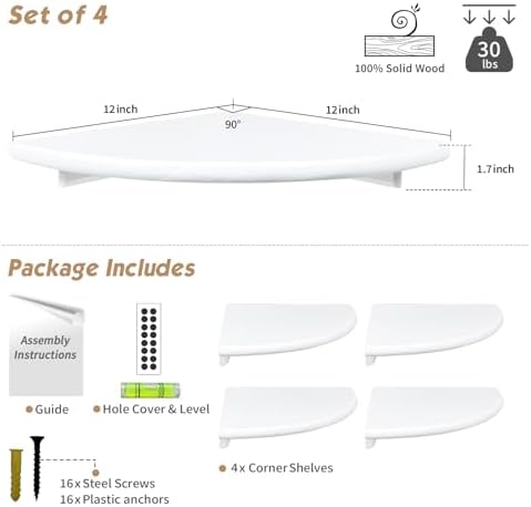 Forbena Corner White Floating Book Shelves for Wall Set of 4, Wood Nursery Corner Bookshelf for Kids Bedroom, Large Modern Round Wall Bookshelves for Living Room Decor, Indoor Plants, Bathroom - Image 2