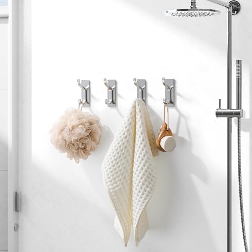 Adhesive Wall Hooks for Towel/Coat,13Lb Stick-On Hook,Brushed Silver 4 Pack - Image 3