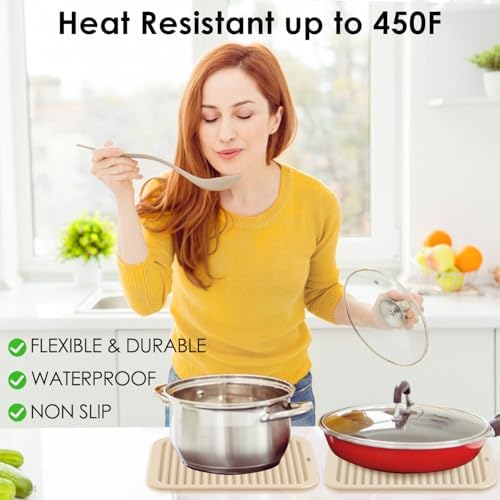 QPIX DIGITAL 4 Pack Beige Silicone Trivets For Hot Dishes, Large And Heat Resistant Silicone Pot Holder Hot Pads For Kitchen, 9x12 Trivet Mat For Hot Pots And Pans, Jar Opener, Drying Mat - Image 2
