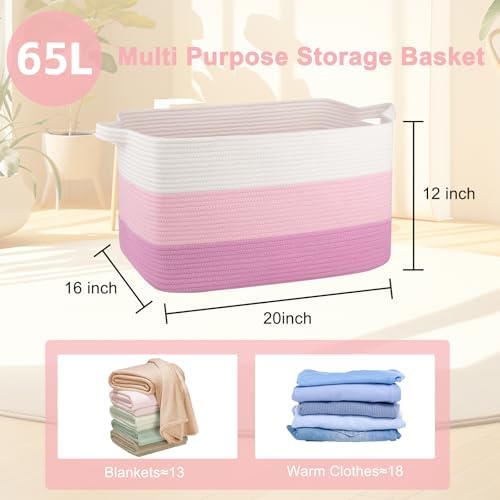 OIAHOMY Large Blanket Basket, 65L Cotton Rope Woven Laundry Basket, Toy Bin for Baby Room, Container for Blanket Storage in Living Room, 20''×16''×12'', Gradient Pink - Image 3