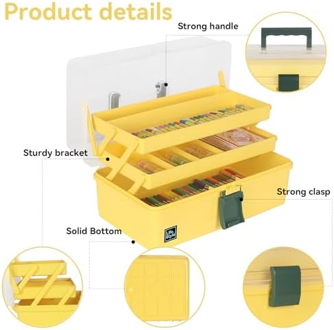WEWLINE 13-Inch Art Box Sewing Storage Organizer 3-Layers Craft Storage Organizer with Handle Plastic Storage Boxes Organizers for Kids Student Artist,Yellow - Image 4