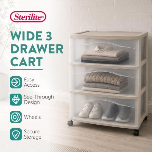 Sterilite Wide 3-Drawer Cart with Wheels, Grey, 2-Pack - Image 3